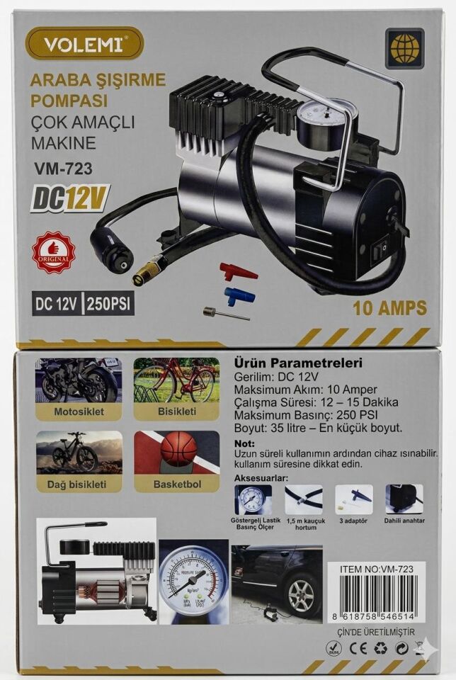 VM-723 Çok Amaçlı Araç Lastik Şişirme Pompası Hava Kompresörü 12V 250 PSI Çakmaklık Girişli