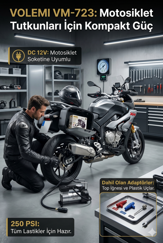 VM-723 Çok Amaçlı Araç Lastik Şişirme Pompası Hava Kompresörü 12V 250 PSI Çakmaklık Girişli