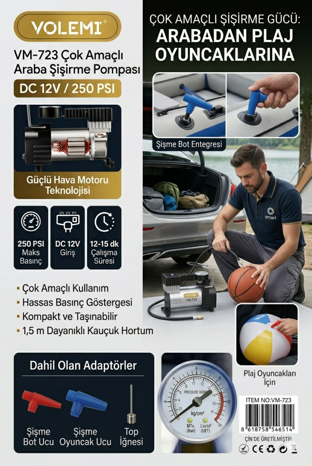 VM-723 Çok Amaçlı Araç Lastik Şişirme Pompası Hava Kompresörü 12V 250 PSI Çakmaklık Girişli