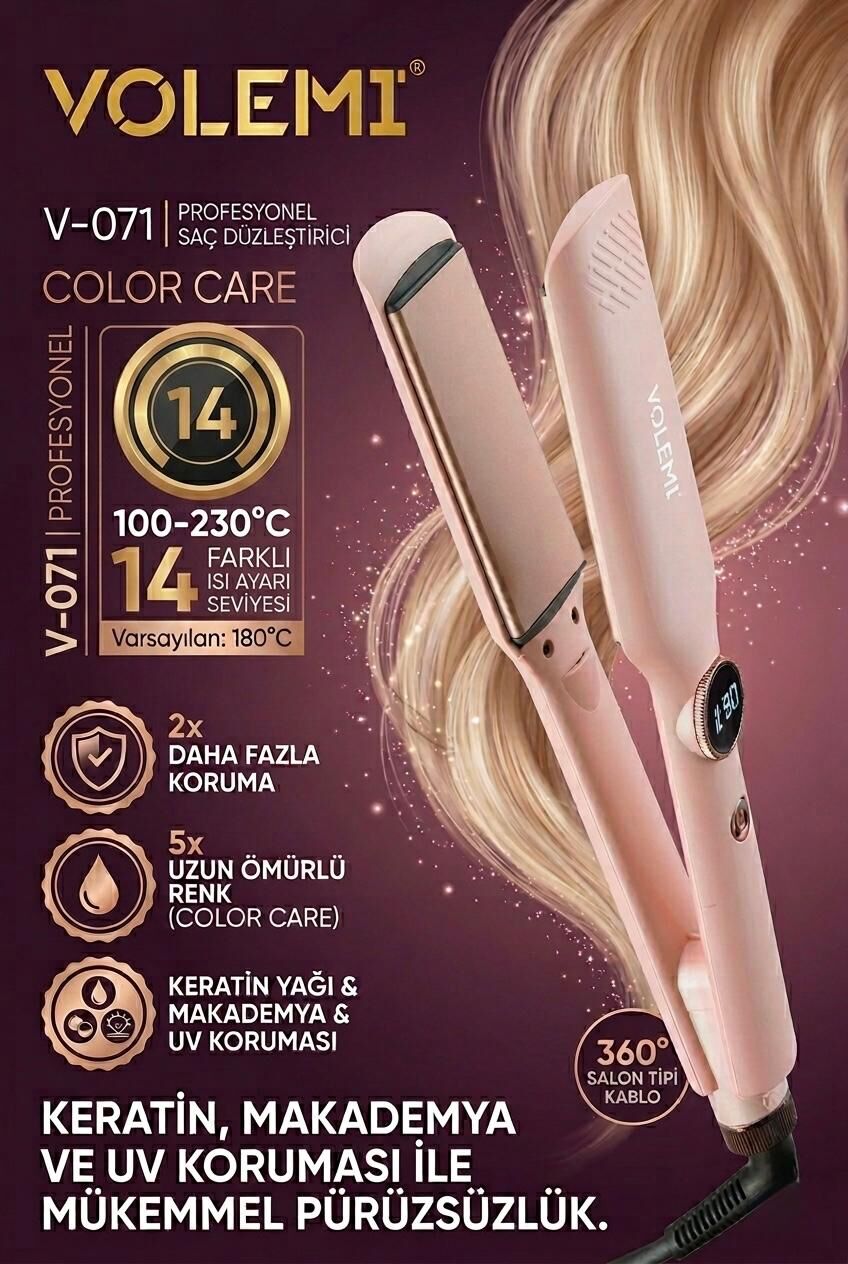 Profesyonel Saç Düzleştirici V-071 | 14 Isı Ayarlı Geniş Seramik Plaka