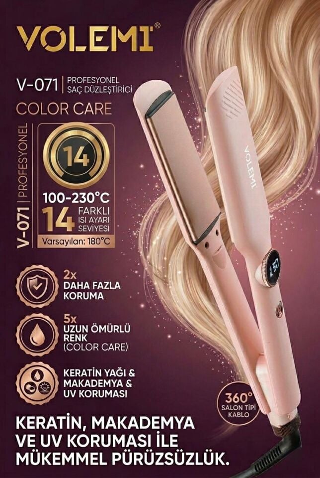Profesyonel Saç Düzleştirici V-071 | 14 Isı Ayarlı Geniş Seramik Plaka