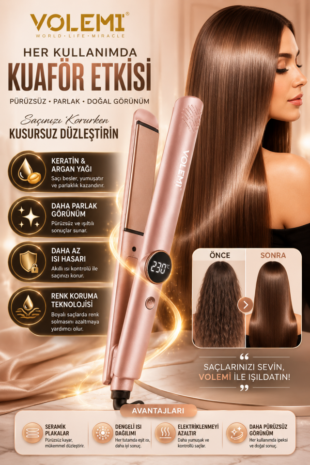 V-074 Profesyonel Saç Düzleştirici 14 Kademeli Isı Ayarı Dijital LED Ekran Seramik Plaka 100-230°C