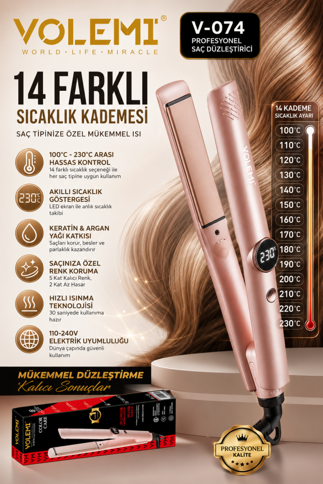 V-074 Profesyonel Saç Düzleştirici 14 Kademeli Isı Ayarı Dijital LED Ekran Seramik Plaka 100-230°C