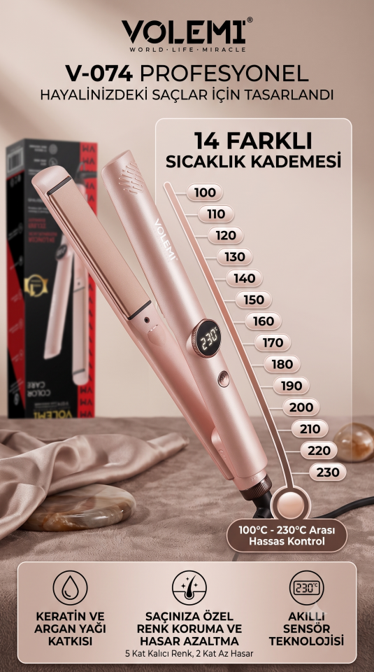 V-074 Profesyonel Saç Düzleştirici 14 Kademeli Isı Ayarı Dijital LED Ekran Seramik Plaka 100-230°C