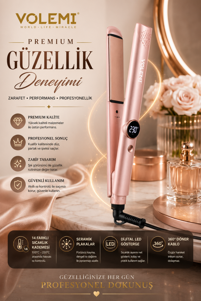 V-074 Profesyonel Saç Düzleştirici 14 Kademeli Isı Ayarı Dijital LED Ekran Seramik Plaka 100-230°C