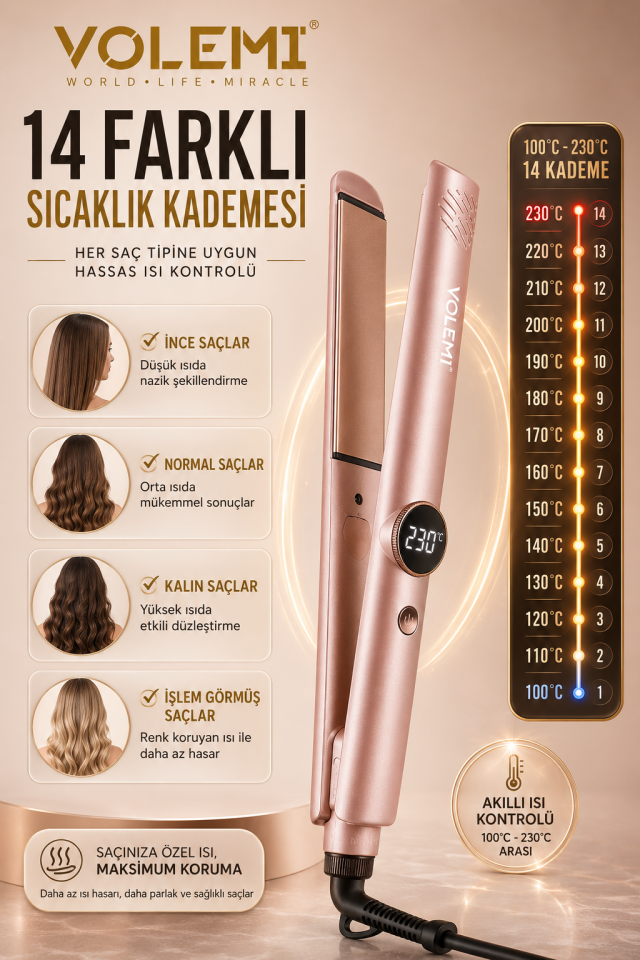 V-074 Profesyonel Saç Düzleştirici 14 Kademeli Isı Ayarı Dijital LED Ekran Seramik Plaka 100-230°C