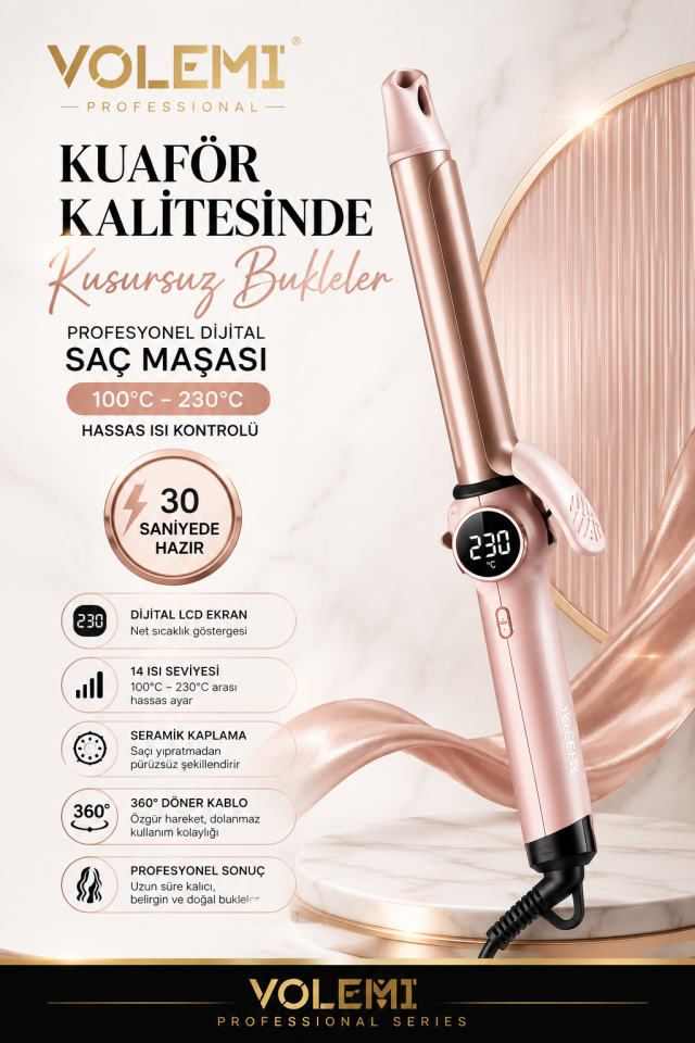 Profesyonel Dijital Saç Maşası 14 Kademeli Isı Ayarlı Seramik Kaplama LCD Ekran 100°C-230°C V-075