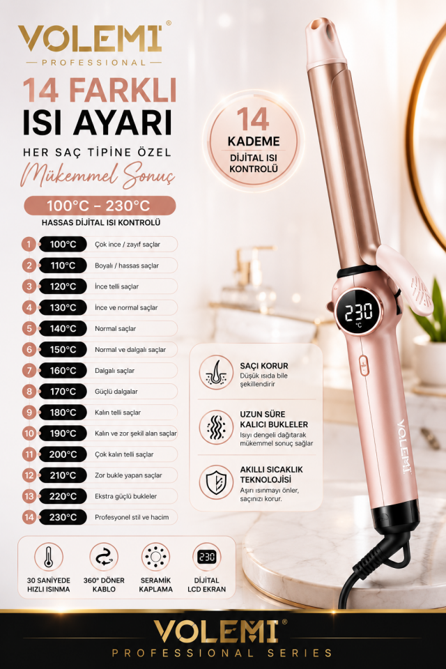 Profesyonel Dijital Saç Maşası 14 Kademeli Isı Ayarlı Seramik Kaplama LCD Ekran 100°C-230°C V-075