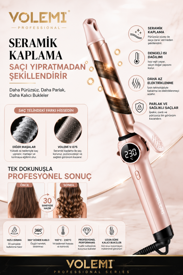 Profesyonel Dijital Saç Maşası 14 Kademeli Isı Ayarlı Seramik Kaplama LCD Ekran 100°C-230°C V-075