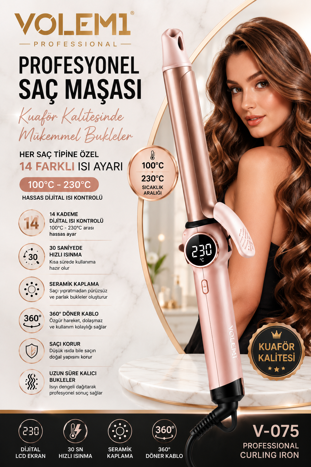 Profesyonel Dijital Saç Maşası 14 Kademeli Isı Ayarlı Seramik Kaplama LCD Ekran 100°C-230°C V-075