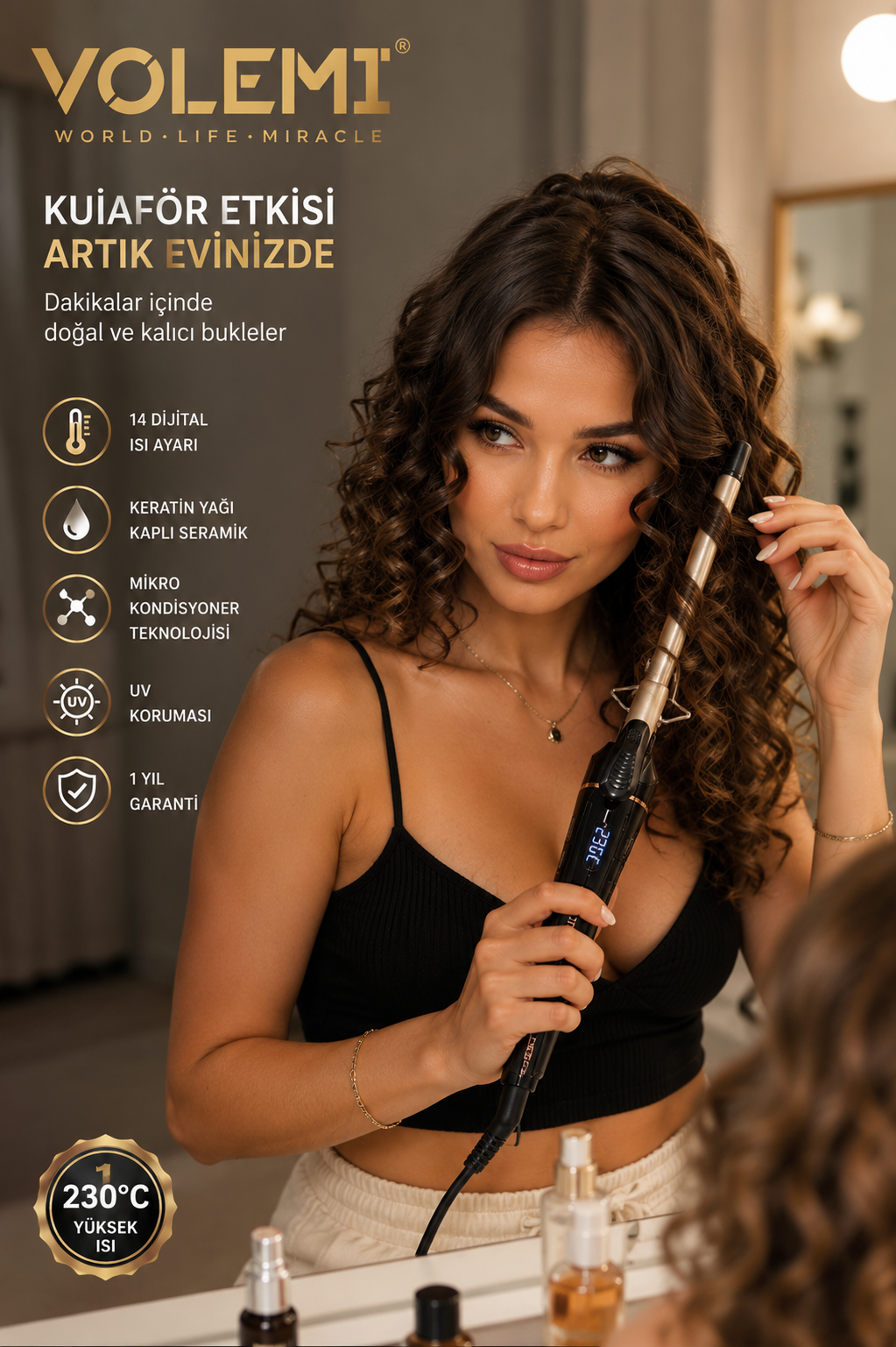0115 Profesyonel 9 mm (Afro Dalga) İnce Maşa Seramik Saç Bukle Maşası 230°C 14 Dijital Isı Ayarlı Keratin Yağlı UV Korumalı saç maşası