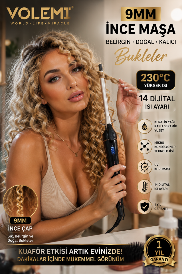 0115 Profesyonel 9 mm (Afro Dalga) İnce Maşa Seramik Saç Bukle Maşası 230°C 14 Dijital Isı Ayarlı Keratin Yağlı UV Korumalı saç maşası