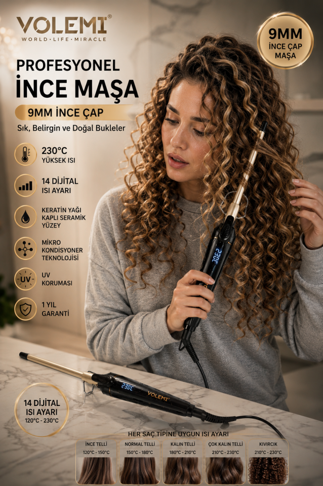 0115 Profesyonel 9 mm (Afro Dalga) İnce Maşa Seramik Saç Bukle Maşası 230°C 14 Dijital Isı Ayarlı Keratin Yağlı UV Korumalı saç maşası