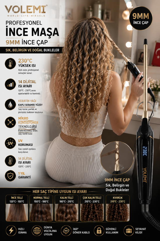 0115 Profesyonel 9 mm (Afro Dalga) İnce Maşa Seramik Saç Bukle Maşası 230°C 14 Dijital Isı Ayarlı Keratin Yağlı UV Korumalı saç maşası