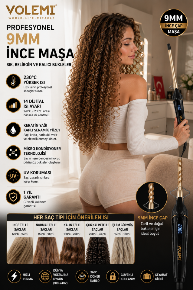 0115 Profesyonel 9 mm (Afro Dalga) İnce Maşa Seramik Saç Bukle Maşası 230°C 14 Dijital Isı Ayarlı Keratin Yağlı UV Korumalı saç maşası