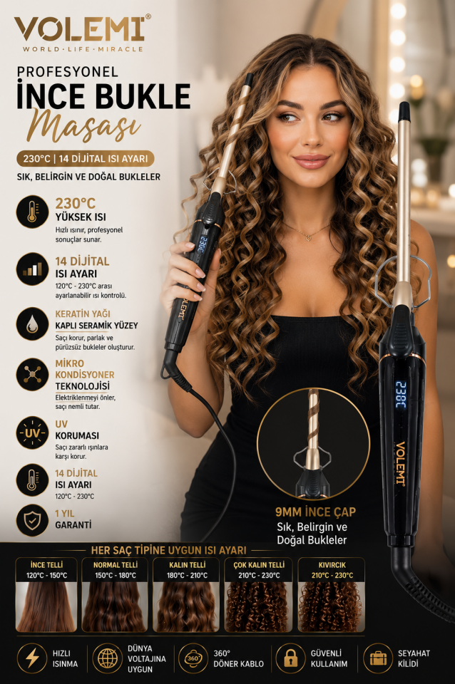 0115 Profesyonel 9 mm (Afro Dalga) İnce Maşa Seramik Saç Bukle Maşası 230°C 14 Dijital Isı Ayarlı Keratin Yağlı UV Korumalı saç maşası