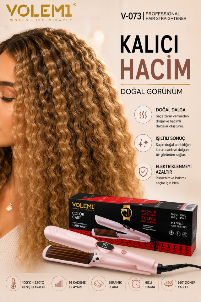 Saç Tost Makinesi 14 Kademe Isı Ayarlı 100-230°C Seramik Plakalı Profesyonel Saç Dalgalandırıcı V-073