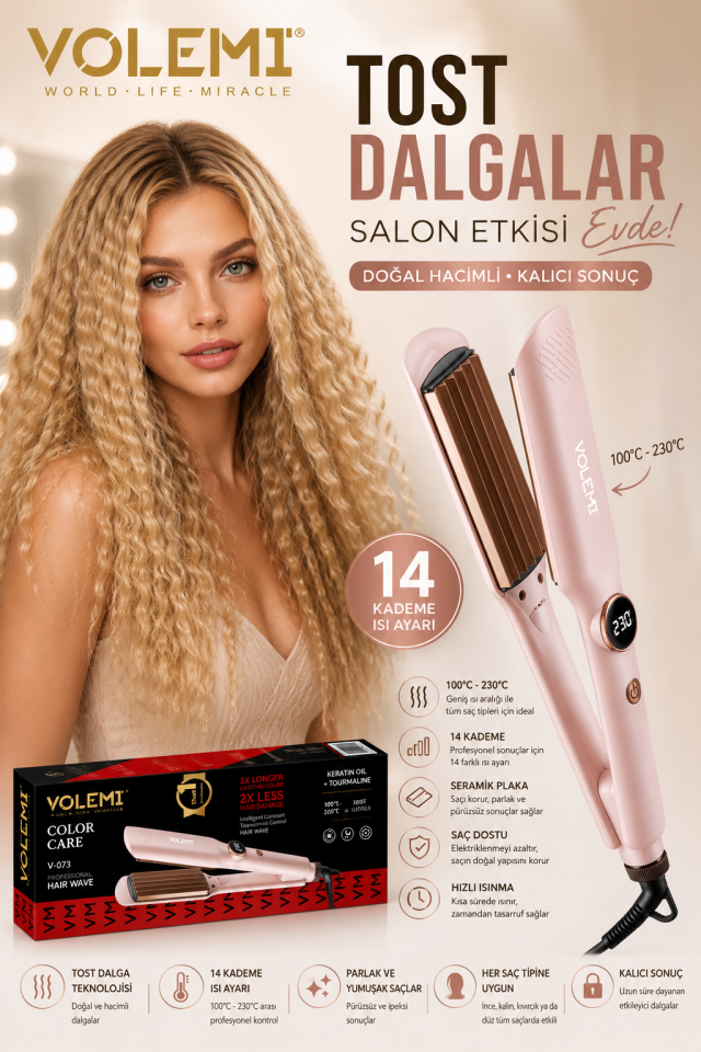 Saç Tost Makinesi 14 Kademe Isı Ayarlı 100-230°C Seramik Plakalı Profesyonel Saç Dalgalandırıcı V-073