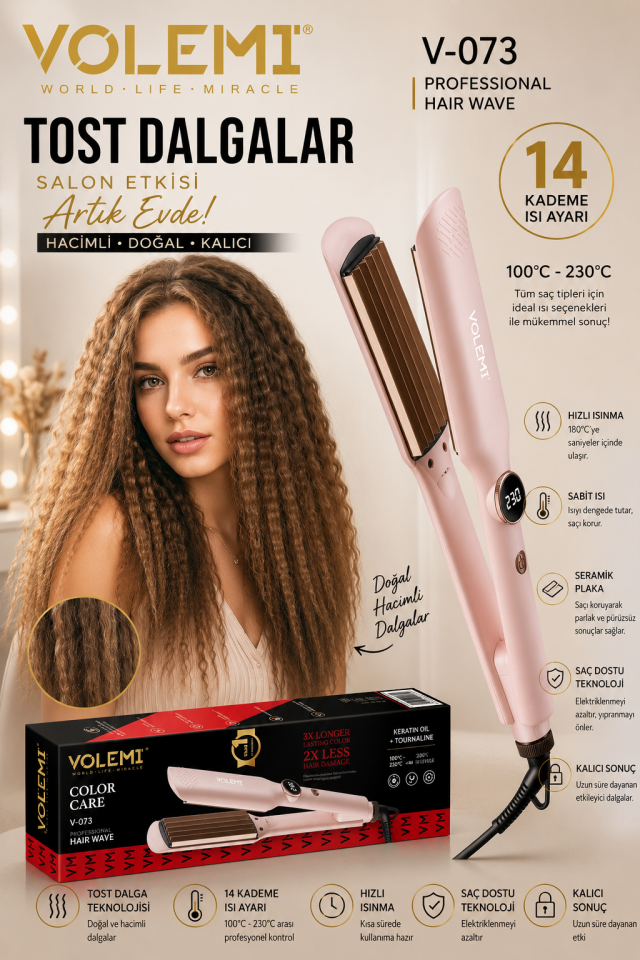 Saç Tost Makinesi 14 Kademe Isı Ayarlı 100-230°C Seramik Plakalı Profesyonel Saç Dalgalandırıcı V-073