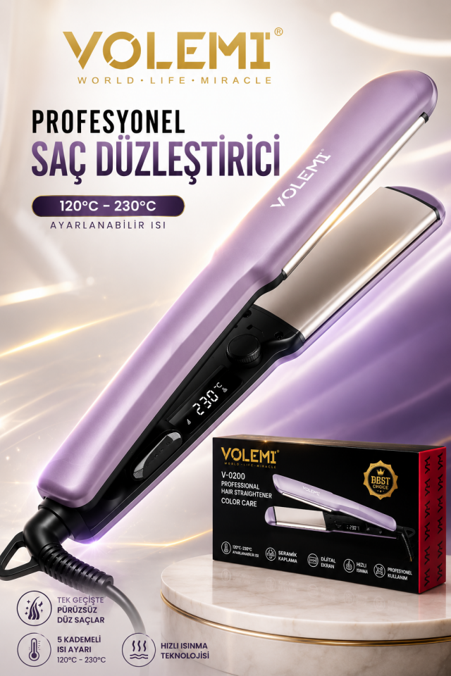 0200 Profesyonel Saç Düzleştirici – Seramik Plakalı, Dijital Ekranlı, 120°C-230°C Ayarlanabilir Isı, Hızlı Isınma