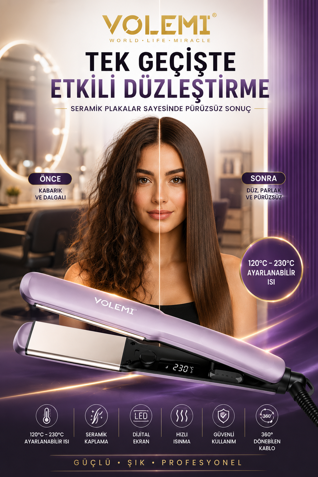 0200 Profesyonel Saç Düzleştirici – Seramik Plakalı, Dijital Ekranlı, 120°C-230°C Ayarlanabilir Isı, Hızlı Isınma