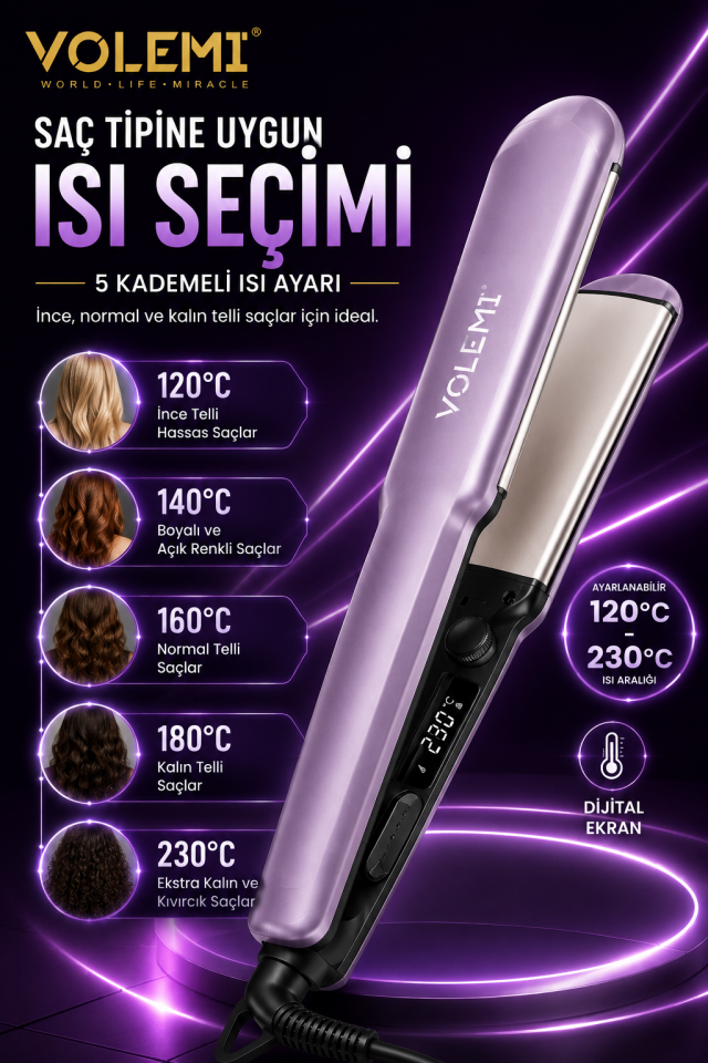 0200 Profesyonel Saç Düzleştirici – Seramik Plakalı, Dijital Ekranlı, 120°C-230°C Ayarlanabilir Isı, Hızlı Isınma