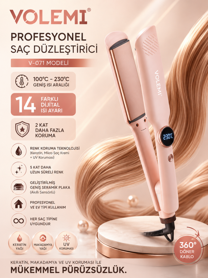 071 Profesyonel Saç Düzleştirici 100°C-230°C Dijital Isı Ayarlı Geniş Seramik Plakalı Keratin & UV Korumalı Düzleştirici