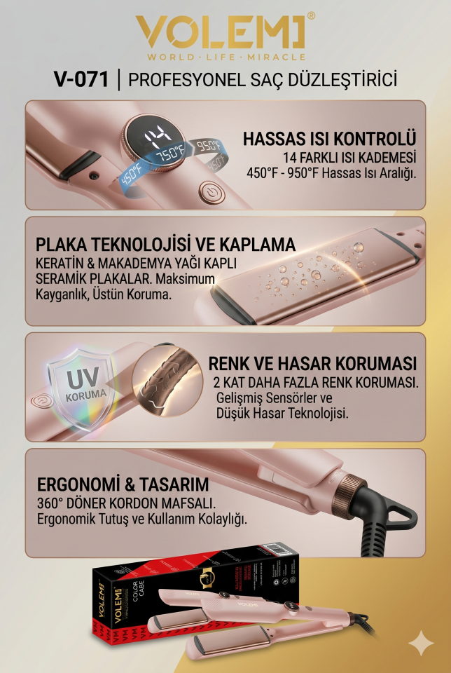 071 Profesyonel Saç Düzleştirici 100°C-230°C Dijital Isı Ayarlı Geniş Seramik Plakalı Keratin & UV Korumalı Düzleştirici