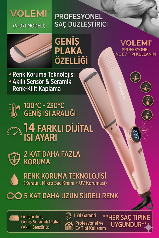 071 Profesyonel Saç Düzleştirici 100°C-230°C Dijital Isı Ayarlı Geniş Seramik Plakalı Keratin & UV Korumalı Düzleştirici
