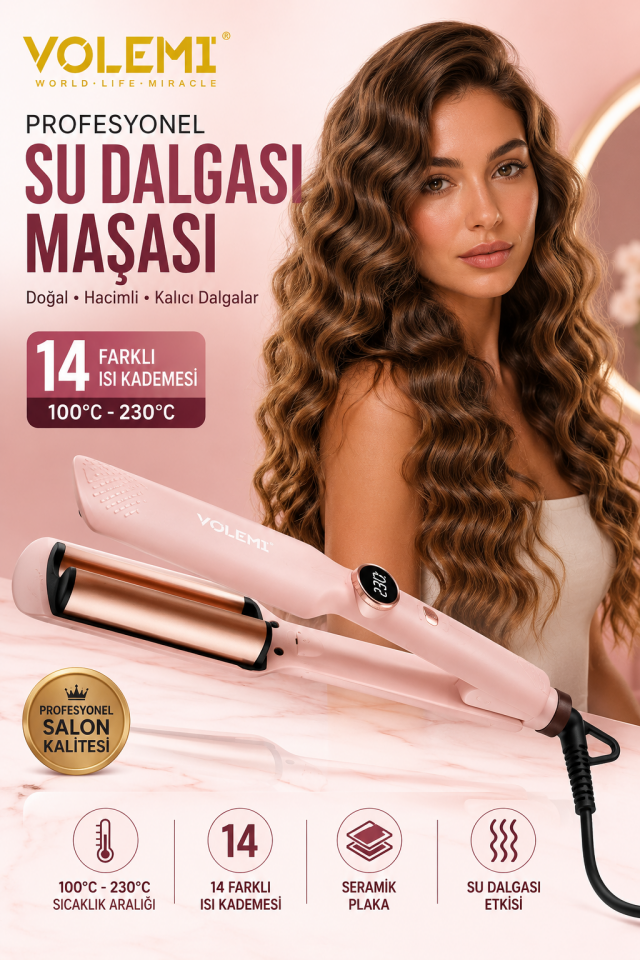 072 Profesyonel Derin Wag Saç Maşası 14 Isı Ayarı 100-230°C İyonik Seramik Plaka Dijital Ekran Hızlı Isınma