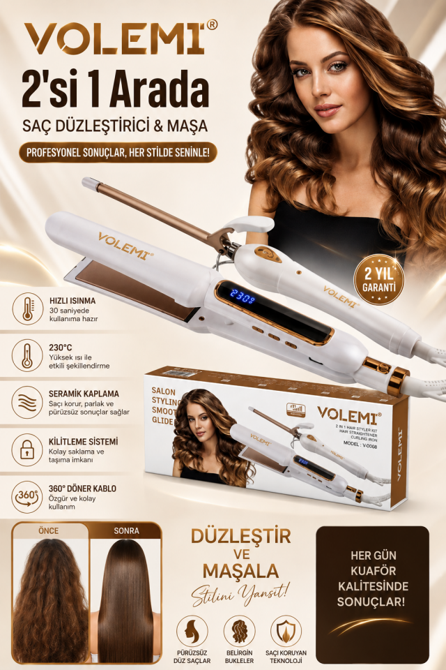 2’si 1 Arada Isı Ayarlı Profesyonel Seramik Saç Şekillendirici ve İnce Maşa saç düzleştirici