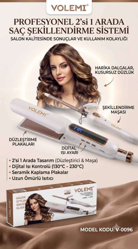 2’si 1 Arada Isı Ayarlı Profesyonel Seramik Saç Şekillendirici ve İnce Maşa saç düzleştirici