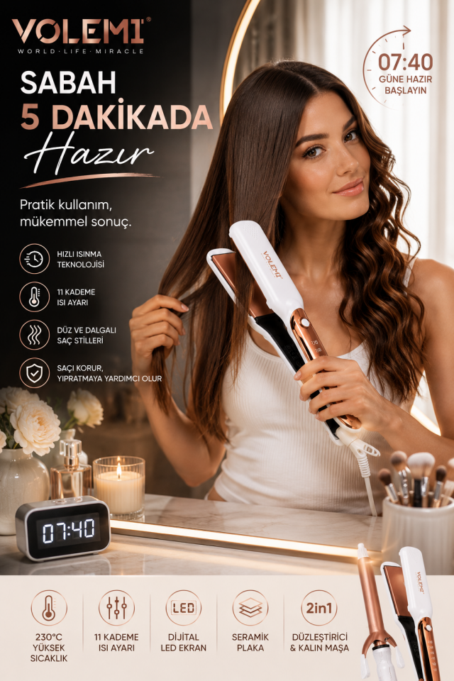 2'si 1 Arada Saç Düzleştirici ve Kalın Bukle Maşası | 11 Kademeli Seramik Saç Şekillendirme Seti