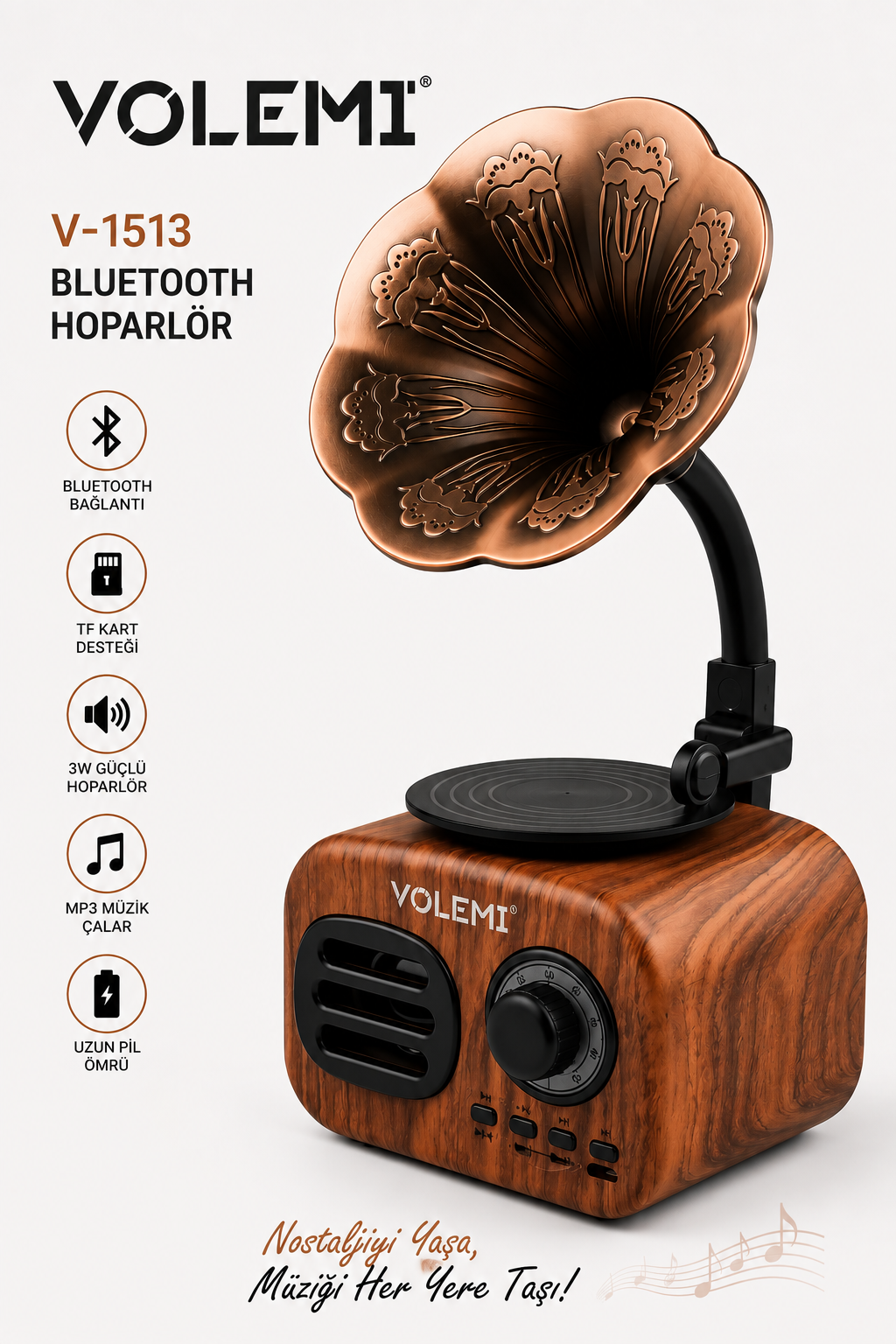 Retro Bluetooth Hoparlör Gramofon Görünümlü TF Kart MP3 3W V-1513