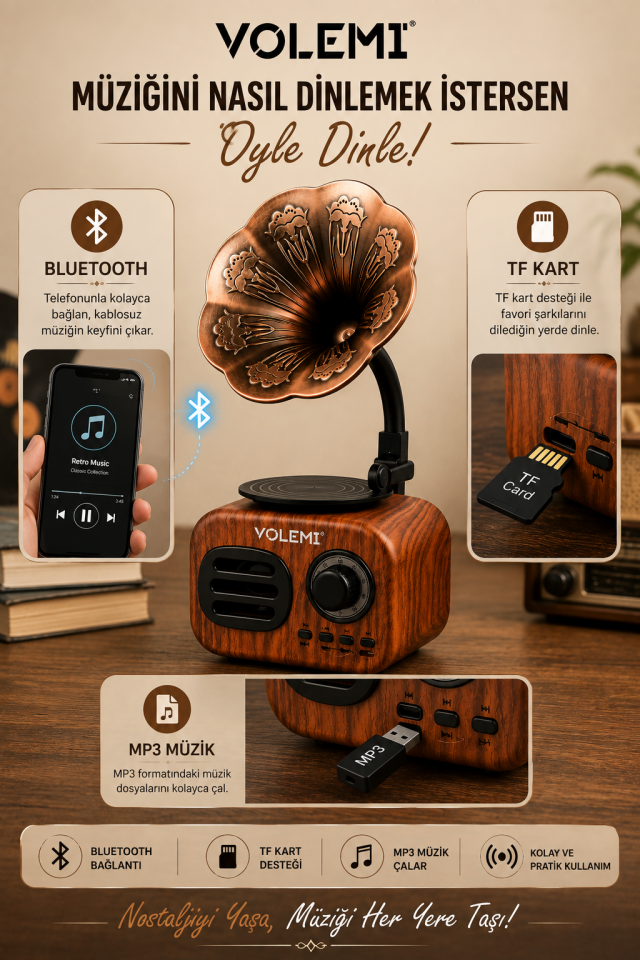 Retro Bluetooth Hoparlör Gramofon Görünümlü TF Kart MP3 3W V-1513