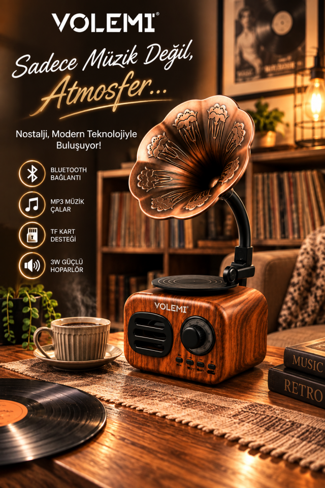 Retro Bluetooth Hoparlör Gramofon Görünümlü TF Kart MP3 3W V-1513