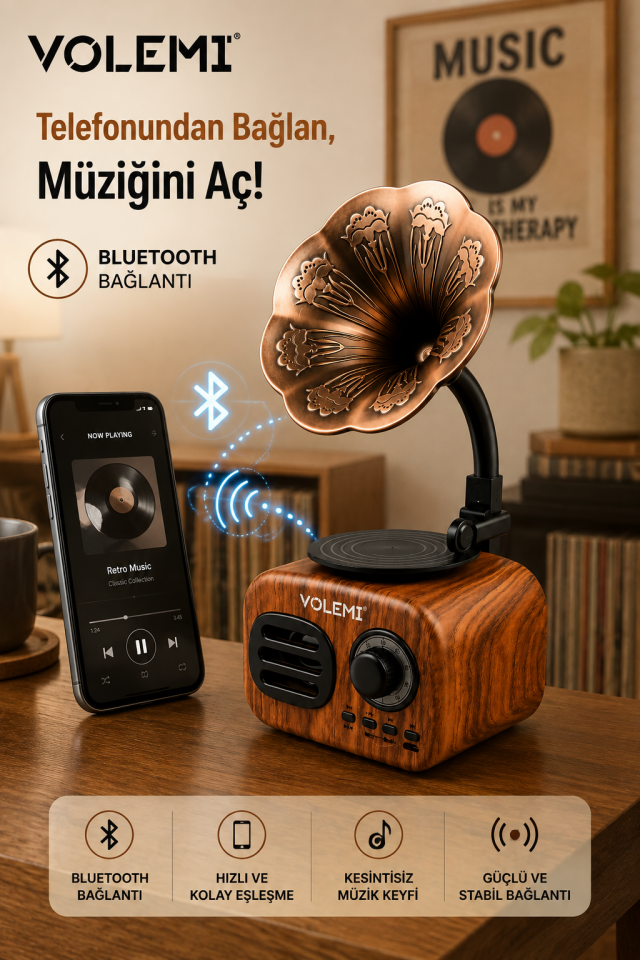 Retro Bluetooth Hoparlör Gramofon Görünümlü TF Kart MP3 3W V-1513